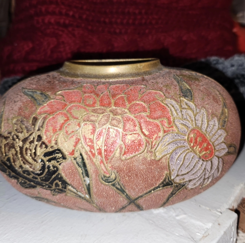 Brass engraved floral motif painted vase.